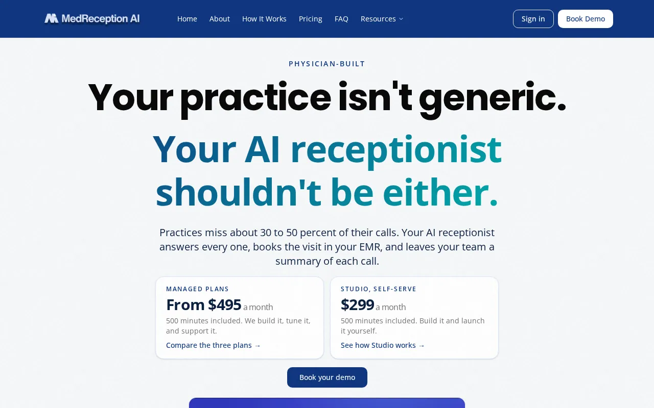 Screenshot of the MedReception.ai homepage, captured 2026-10-16